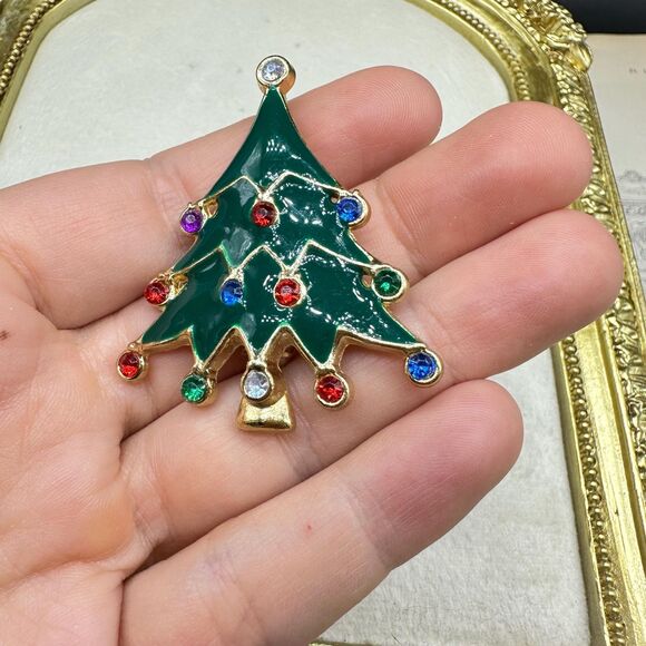 Vintage Jewelry Enamel Christmas Tree with Rhinestones Brooch Christmas Pin - Picture 3 of 3